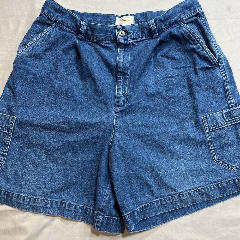 Talbots Vintage Y2K High Rise Denim Cargo Shorts Pleated Blue Mom Casual Size 14